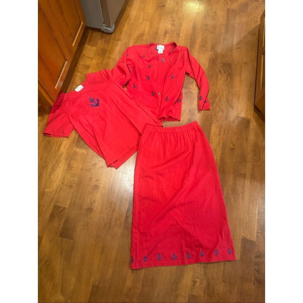 Vintage Quacker Factory 3 Pc Nautical Anchor Set Medium Red Cardigan Top Skirt R
